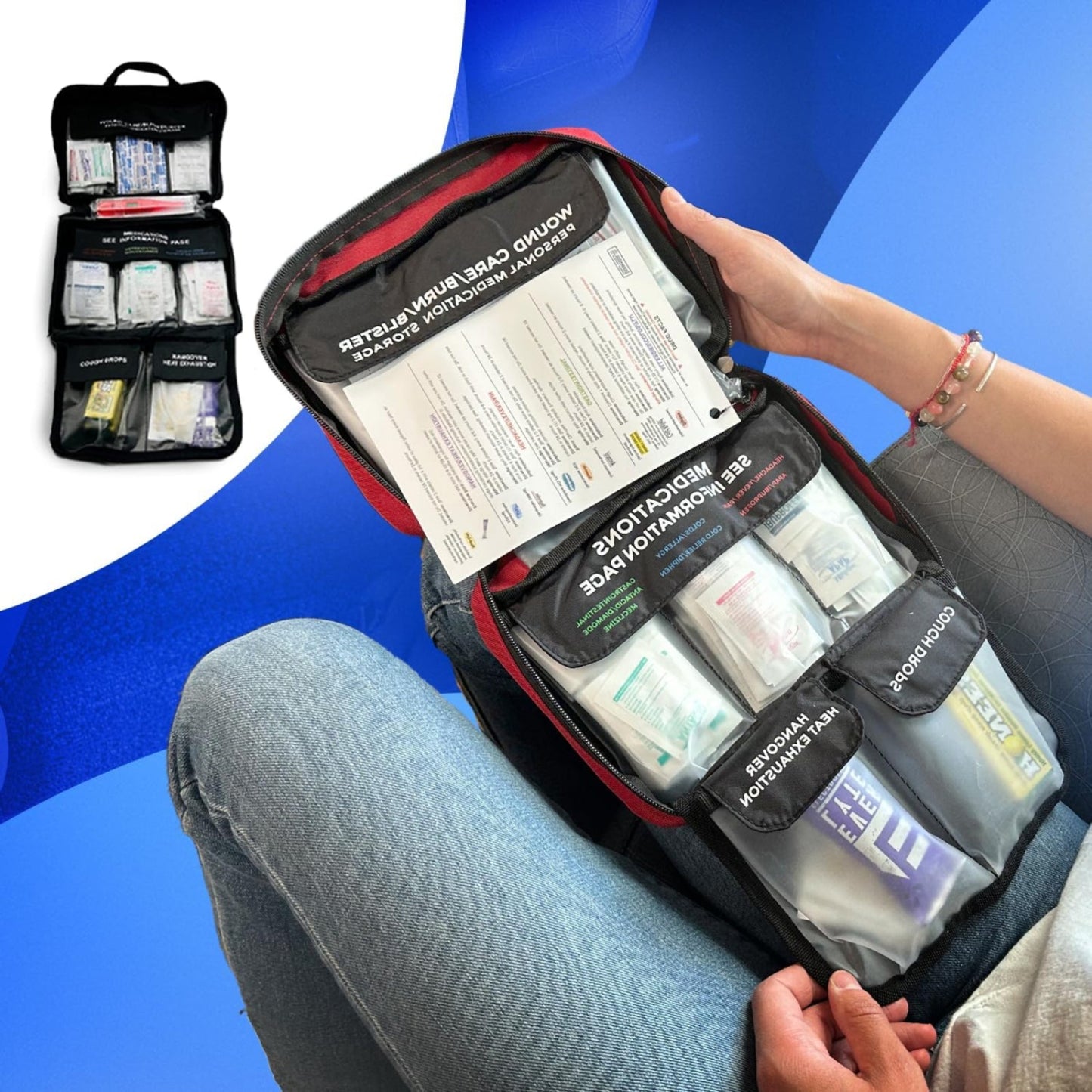 First aid kit being held open with various supplies on a blue background